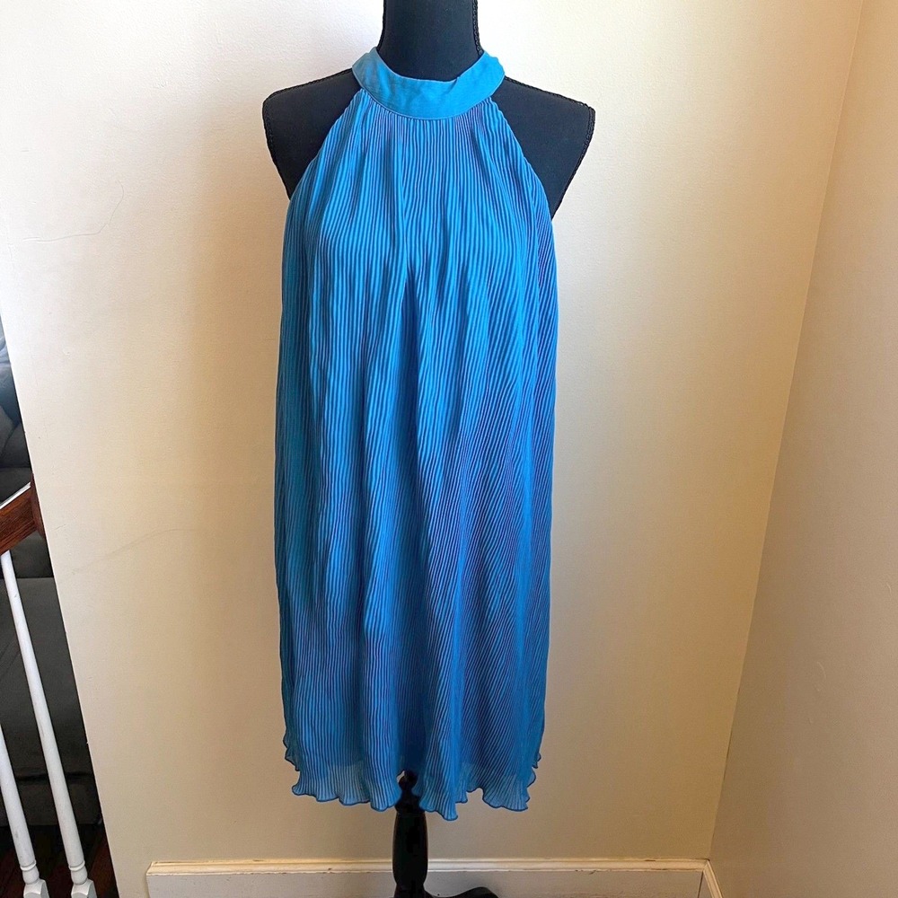Jopna Blue Pleated Halter Neck Shift Dress Sleeveless Tie Back Mini Dress